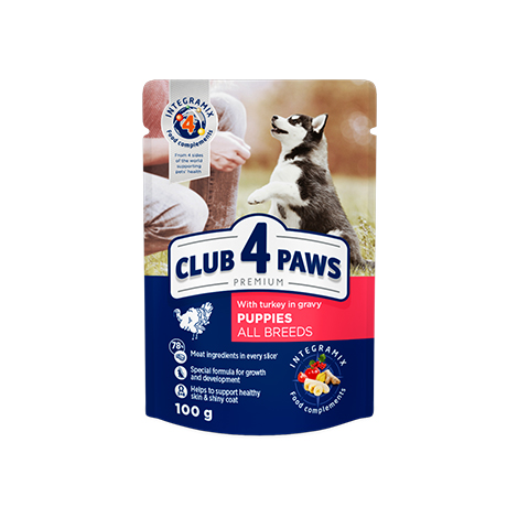 CLUB 4 PAWS PREMIUM PENTRU CĂȚEI "CURCAN ÎN SOS". HRANĂ CONSERVATĂ COMPLETĂ 