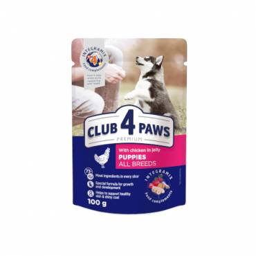 CLUB 4 PAWS PREMIUM PENTRU CĂȚELUȘI "CU PUI ÎN JELEU". HRANĂ UMEDĂ COMPLETĂ