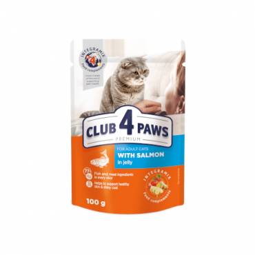 CLUB 4 PAWS PREMIUM "CU SOMON ÎN JELEU". HRANĂ UMEDĂ COMPLETĂ PENTRU PISICI ADULTE