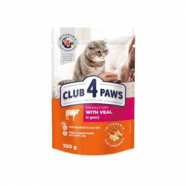 CLUB 4 PAWS PREMIUM "CU CARNE DE VIŢEL ÎN SOS". HRANĂ UMEDĂ COMPLETĂ PENTRU PISICI ADULTE