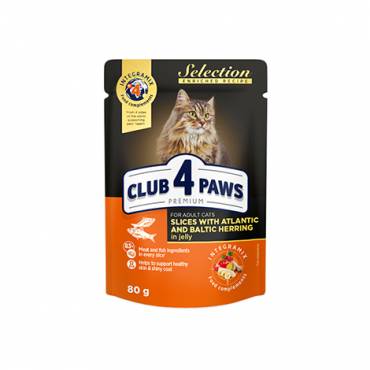 CLUB 4 PAWS PREMIUM "BUCĂȚI DE HERING CU SCRUMBIE DE MAREA BALTICĂ ÎN JELEU". HRANĂ CONSERVATĂ COMPLETĂ PENTRU PISICI ADULTE