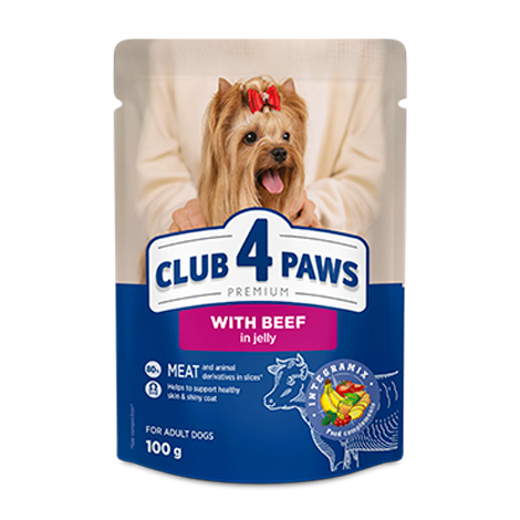 CLUB 4 PAWS PREMIUM "CU CARNE DE VITĂ ÎN JELEU". HRANĂ UMEDĂ COMPLETĂ PENTRU CÂINI ADULȚI