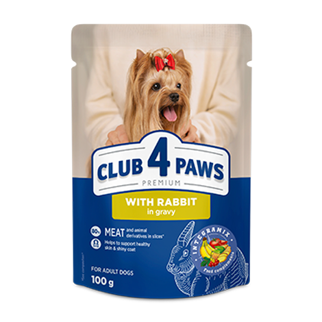 CLUB 4 PAWS PREMIUM "CU CARNE DE IEPURE ÎN SOS". HRANĂ UMEDĂ COMPLETĂ PENTRU CÂINI ADULȚI