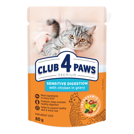 CLUB 4 PAWS PREMIUM "DIGESTIE SENSIBILĂ". HRANĂ CONSERVATĂ COMPLET PENTRU PISICI ADULTE