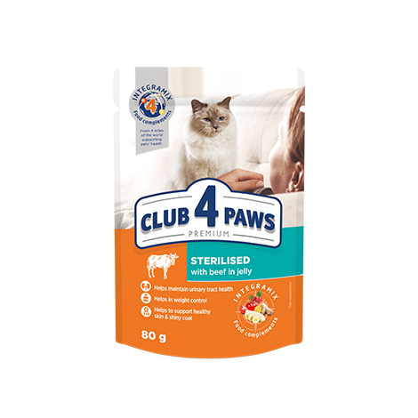 CLUB 4 PAWS PREMIUM "CU CARNE DE VITĂ ÎN JELEU". HRANĂ CONSERVATĂ COMPLETĂ PENTRU PISICI ADULTE STERILIZATE