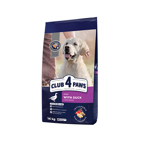 CLUB 4 PAWS PREMIUM PENTRU RASELE MARI «CU CARNE DE RAŢĂ». HRANĂ USCATĂ COMPLET PENTRU C INI ADULȚI