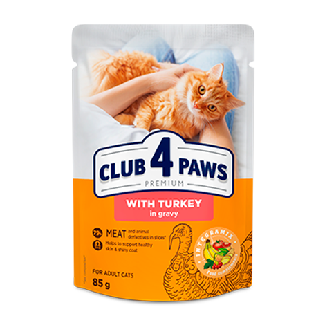 CLUB 4 PAWS PREMIUM "CU CURCAN ÎN SOS". HRANĂ UMEDĂ COMPLETĂ PENTRU PISICI ADULTE