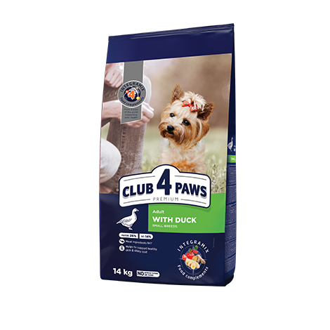 CLUB 4 PAWS PREMIUM PENTRU DE TALIE MICĂ «CU CARNE DE RAŢĂ». HRANĂ USCATĂ COMPLET PENTRU C INI ADULȚI