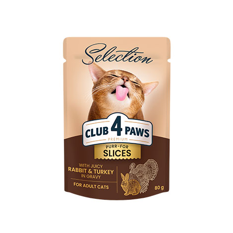 CLUB 4 PAWS PREMIUM "BUCĂȚI DE CARNE DE IEPURE ȘI CURCAN ÎN SOS". HRANĂ CONSERVATĂ COMPLETĂ PENTRU PISICI ADULTE