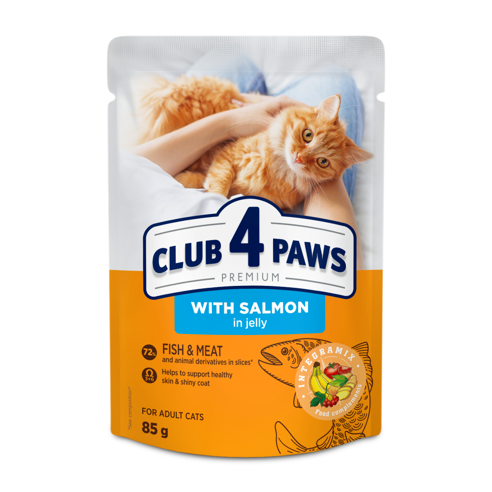 CLUB 4 PAWS PREMIUM "CU SOMON ÎN JELEU". HRANĂ UMEDĂ COMPLETĂ PENTRU PISICI ADULTE