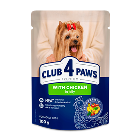 CLUB 4 PAWS PREMIUM "CU PUI ÎN JELEU". HRANĂ UMEDĂ COMPLETĂ PENTRU CÂINI ADULȚI