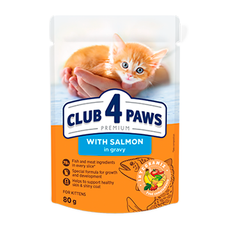 CLUB 4 PAWS PREMIUM PENTRU PISOI "CU SOMON IN SOS". HRANA CONSERVATA COMPLETA