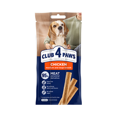 CLUB 4 PAWS PREMIUM MEATY STICK: PUI. HRANĂ COMPLEMENTARĂ PENTRU CÂINI ADULŢI DE RASE MIJLOCII ȘI MARI
