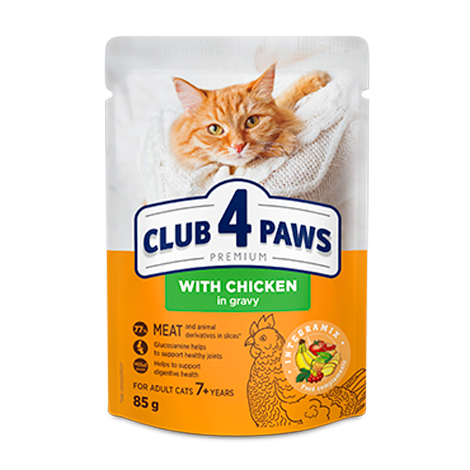 CLUB 4 PAWS PREMIUM "CU PUI ÎN SOS". HRANĂ UMEDĂ COMPLETĂPENTRU PISICI CU VÂRSTA DE PESTE 7 ANI
