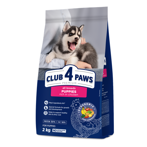 CLUB 4 PAWS PREMIUM PENTRU CĂȚEI DE TOATE RASELE” CU CONȚINUT RIDICAT DE PUI”. HRANĂ USCATĂ COMPLETĂ