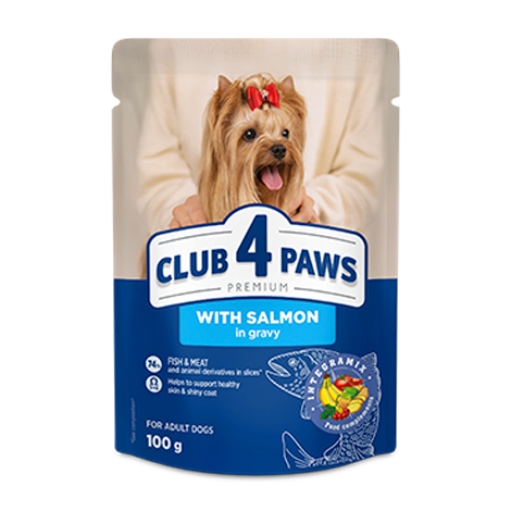CLUB 4 PAWS PREMIUM "CU SOMON ÎN SOS". HRANĂ UMEDĂ COMPLETĂ PENTRU CAINI ADULȚI DIN RASE MINIATURALE ŞI DE TALIE MICĂ