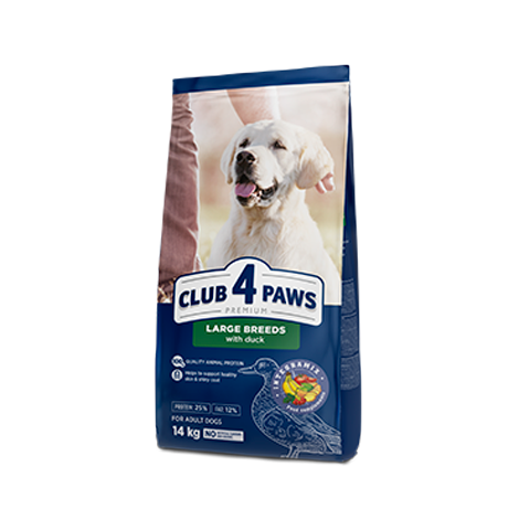 CLUB 4 PAWS PREMIUM PENTRU RASELE MARI «CU CARNE DE RAŢĂ». HRANĂ USCATĂ COMPLET PENTRU C INI ADULȚI