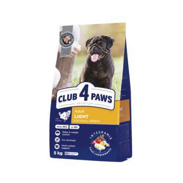 CLUB 4 PAWS PREMIUM LIGHT. HRANĂ COMPLETĂ USCATĂ  "CONTROLUL GREUTĂȚII"  PENTRU C INII ADULȚI DE RASE MICI STERILIZATE SAU PREDISPUSE LA SUPRAPONDERABILITATE . CONȚINUT RIDICAT DE CURCAN