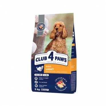 CLUB 4 PAWS PREMIUM LIGHT. HRANĂ COMPLETĂ USCATĂ "CONTROLUL GREUTĂȚII" PENTRU C INII ADULȚI DE RASE MEDII ȘI MARI STERILIZATE SAU PREDISPUSE LA SUPRAPONDERABILITATE. CONȚINUT RIDICAT DE CURCAN