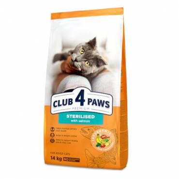 CLUB 4 PAWS PREMIUM «CU SOMON». HRANĂ USCATĂ COMPLET PENTRU PISICILE ADULTE STERILIZATE