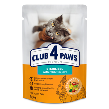 CLUB 4 PAWS PREMIUM "STERILIZAT". HRANĂ CONSERVATĂ COMPLETĂ PENTRU PISICI ADULTE STERILIZATE