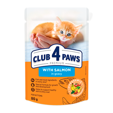 CLUB 4 PAWS PREMIUM PENTRU PISOI "CU SOMON IN SOS". HRANA CONSERVATA COMPLETA