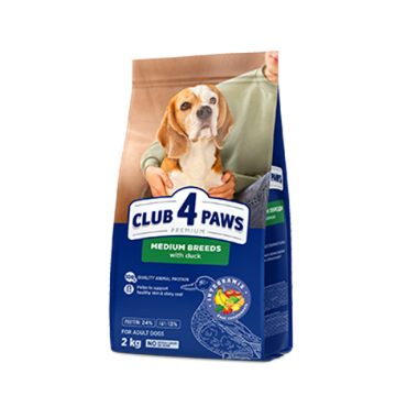 CLUB 4 PAWS PREMIUM PENTRU DE MĂRIME MIJLOCIE «CU CARNE DE RAŢĂ». HRANĂ USCATĂ COMPLET PENTRU C INI ADULȚI