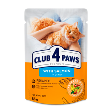 CLUB 4 PAWS PREMIUM "CU SOMON ÎN SOS". HRANĂ UMEDĂ COMPLETĂ PENTRU PISICI ADULTE