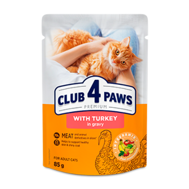 CLUB 4 PAWS PREMIUM "CU CURCAN ÎN SOS". HRANĂ UMEDĂ COMPLETĂ PENTRU PISICI ADULTE