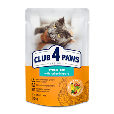 CLUB 4 PAWS PREMIUM "CU CURCAN ÎN SOS". HRANĂ UMEDĂ COMPLETĂ PENTRU PENTRU PISICILE ADULTE STERILIZATE