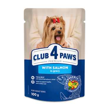 CLUB 4 PAWS PREMIUM "CU SOMON ÎN SOS". HRANĂ UMEDĂ COMPLETĂ PENTRU CAINI ADULȚI DIN RASE MINIATURALE ŞI DE TALIE MICĂ