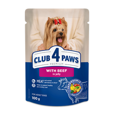 CLUB 4 PAWS PREMIUM "CU CARNE DE VITĂ ÎN JELEU". HRANĂ UMEDĂ COMPLETĂ PENTRU CÂINI ADULȚI