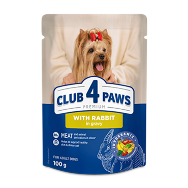 CLUB 4 PAWS PREMIUM "CU CARNE DE IEPURE ÎN SOS". HRANĂ UMEDĂ COMPLETĂ PENTRU CÂINI ADULȚI