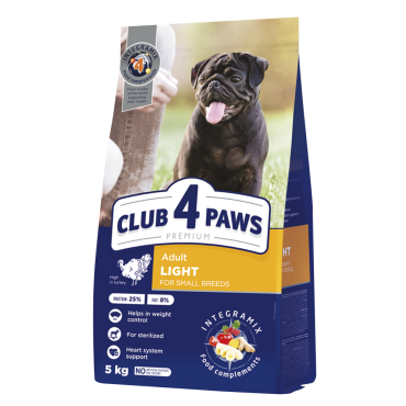 CLUB 4 PAWS PREMIUM LIGHT. HRANĂ COMPLETĂ USCATĂ  "CONTROLUL GREUTĂȚII"  PENTRU C INII ADULȚI DE RASE MICI STERILIZATE SAU PREDISPUSE LA SUPRAPONDERABILITATE . CONȚINUT RIDICAT DE CURCAN